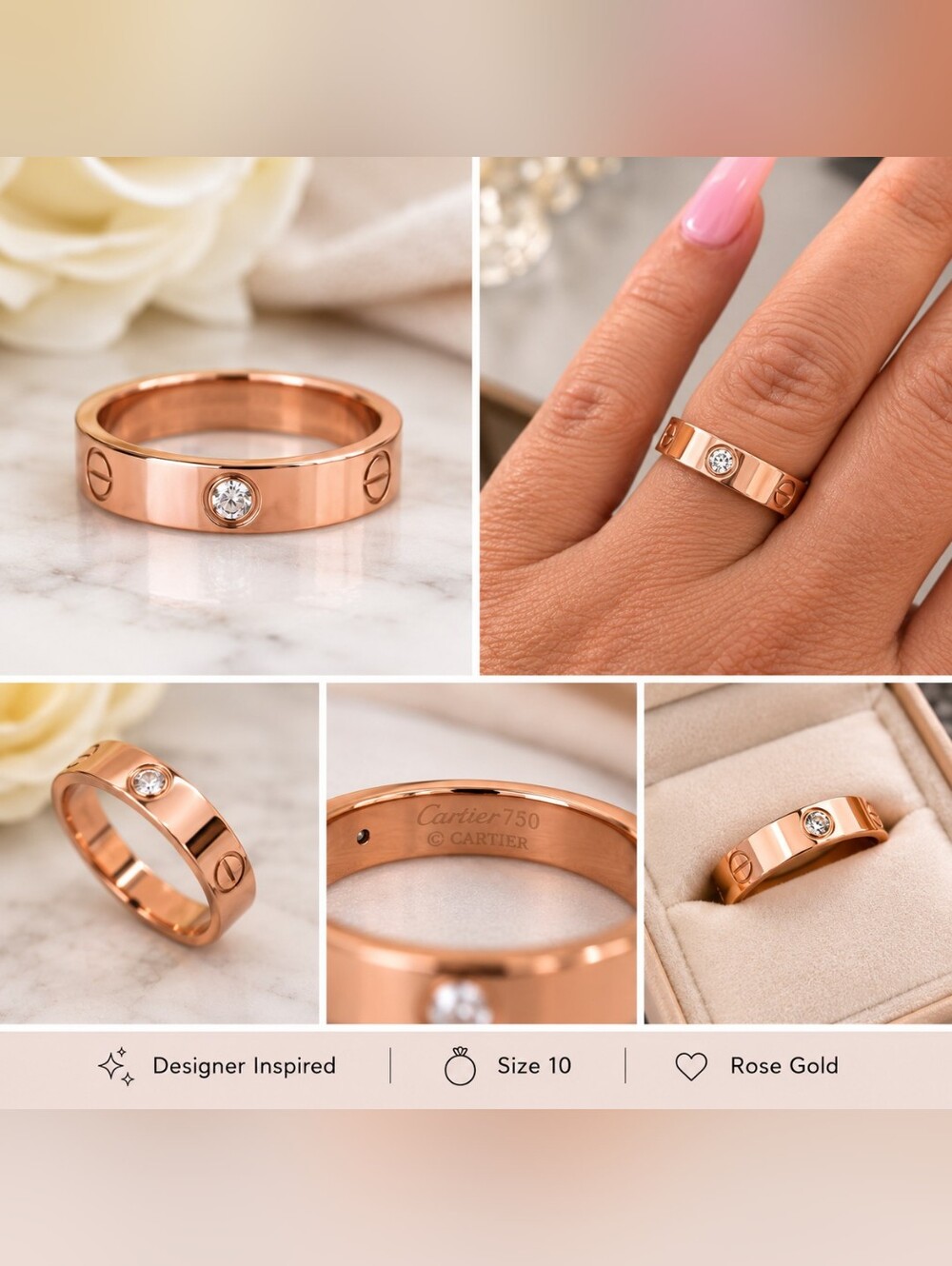 14K ROSE Gold-Plated Screw Band Ring with CZ Stone | Size 10